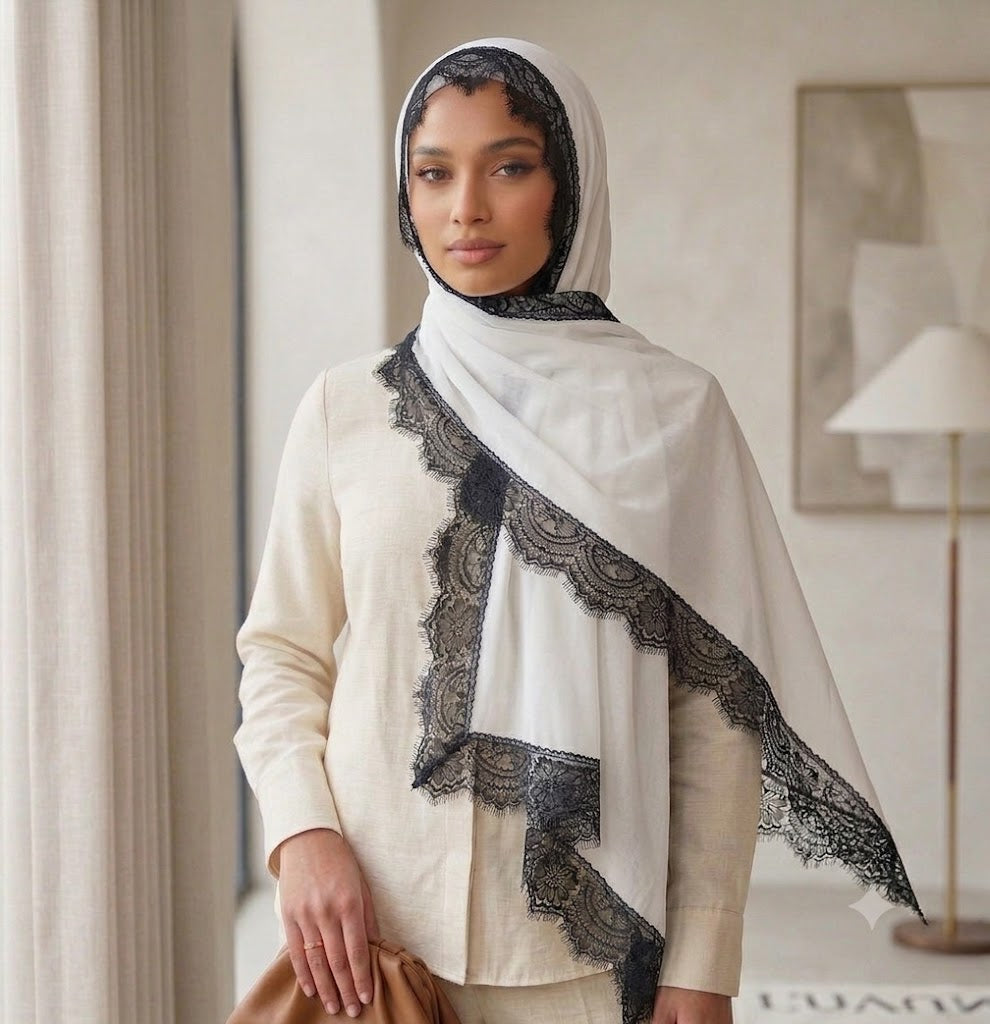 White with Black Lace Hijab