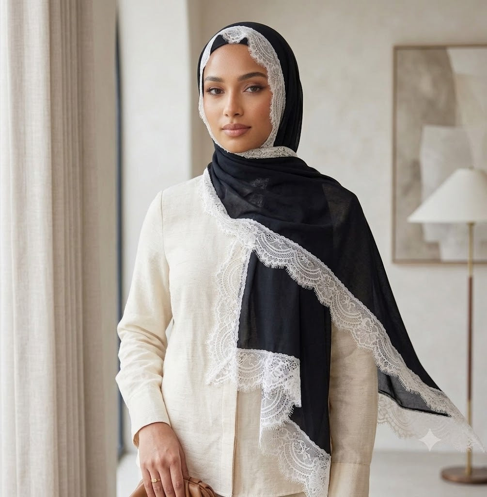 Black with White Lace Hijab
