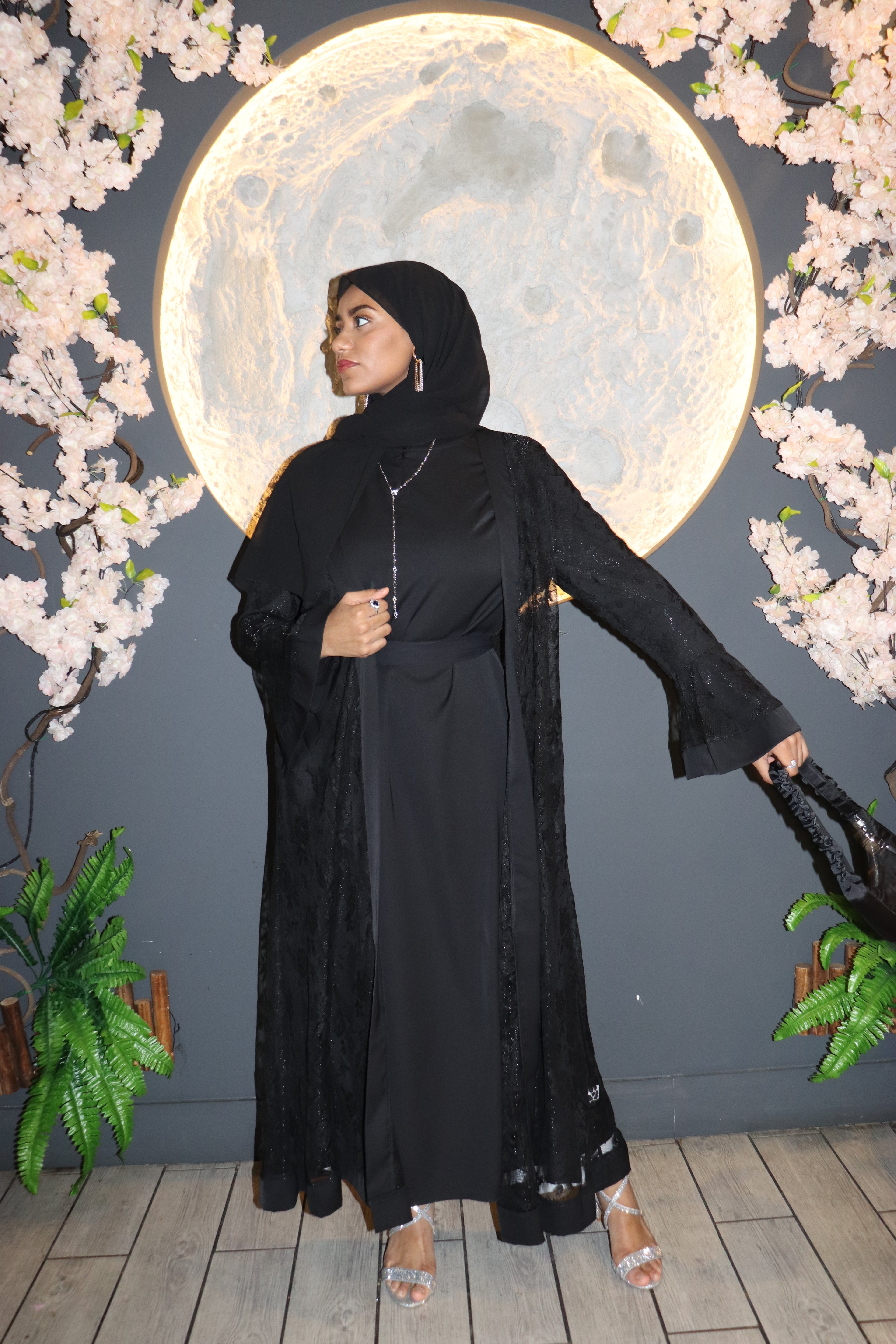 Modest Glamour Satin & Mesh Lace Kimono Set