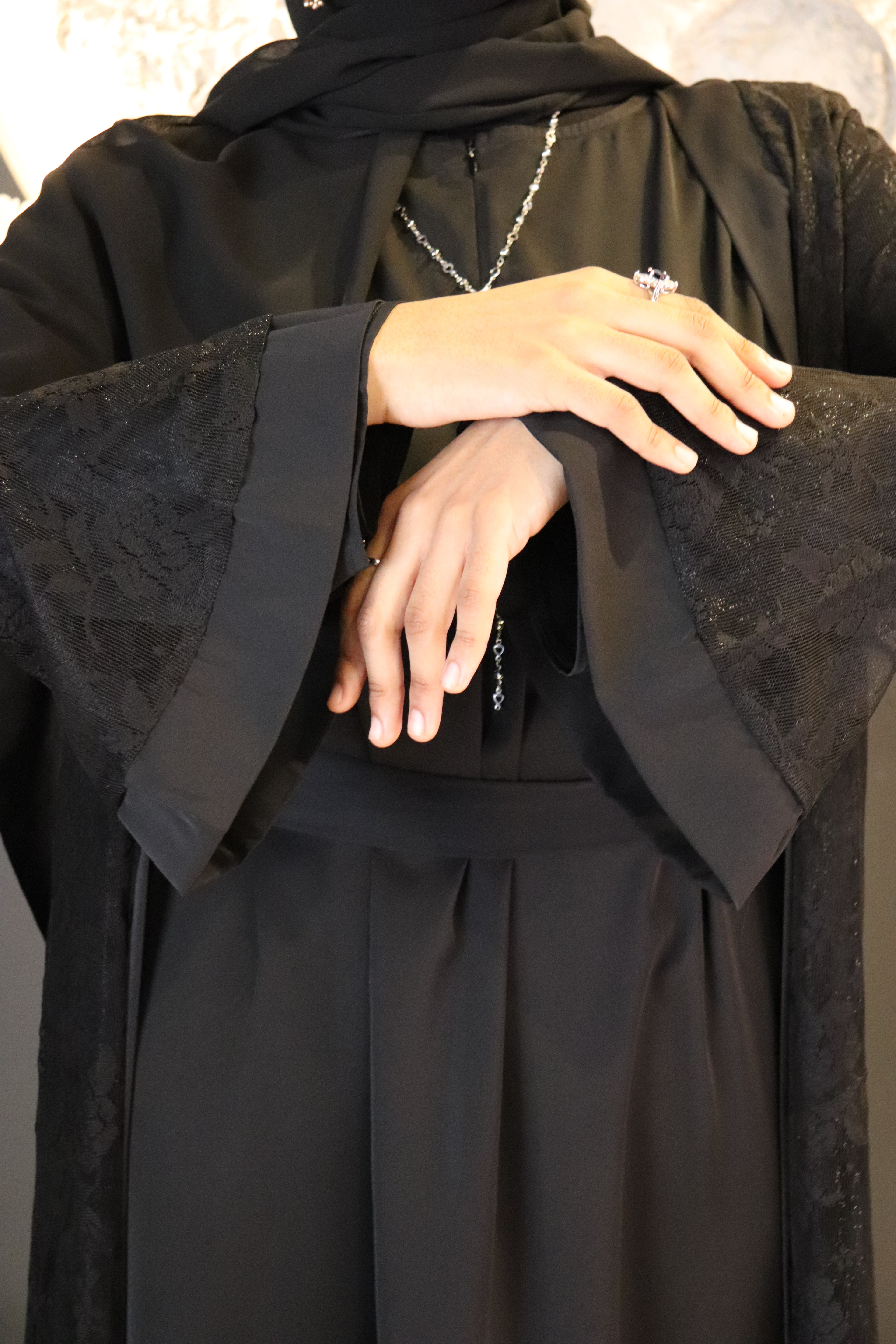 Modest Glamour Satin & Mesh Lace Kimono Set
