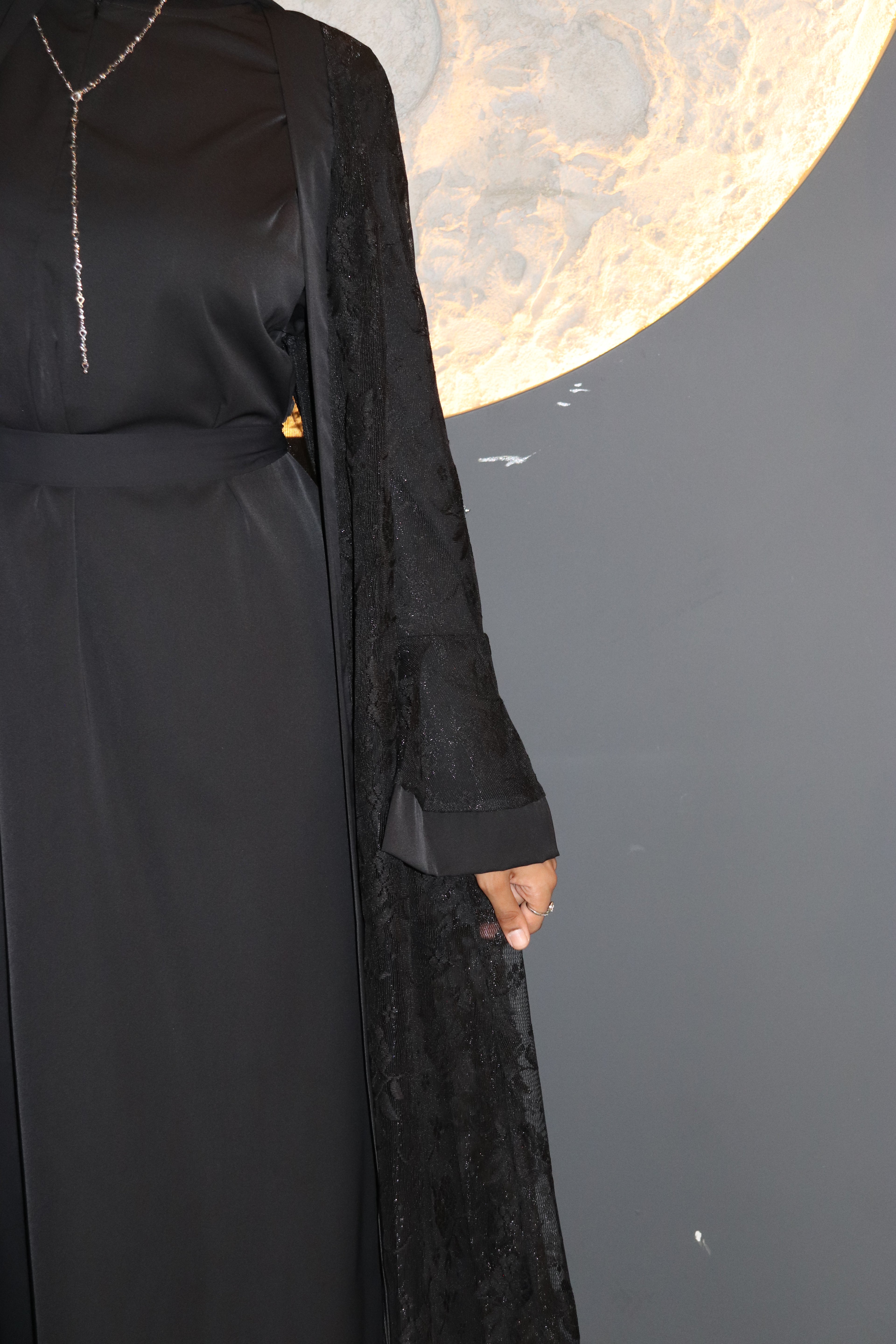 Modest Glamour Satin & Mesh Lace Kimono Set