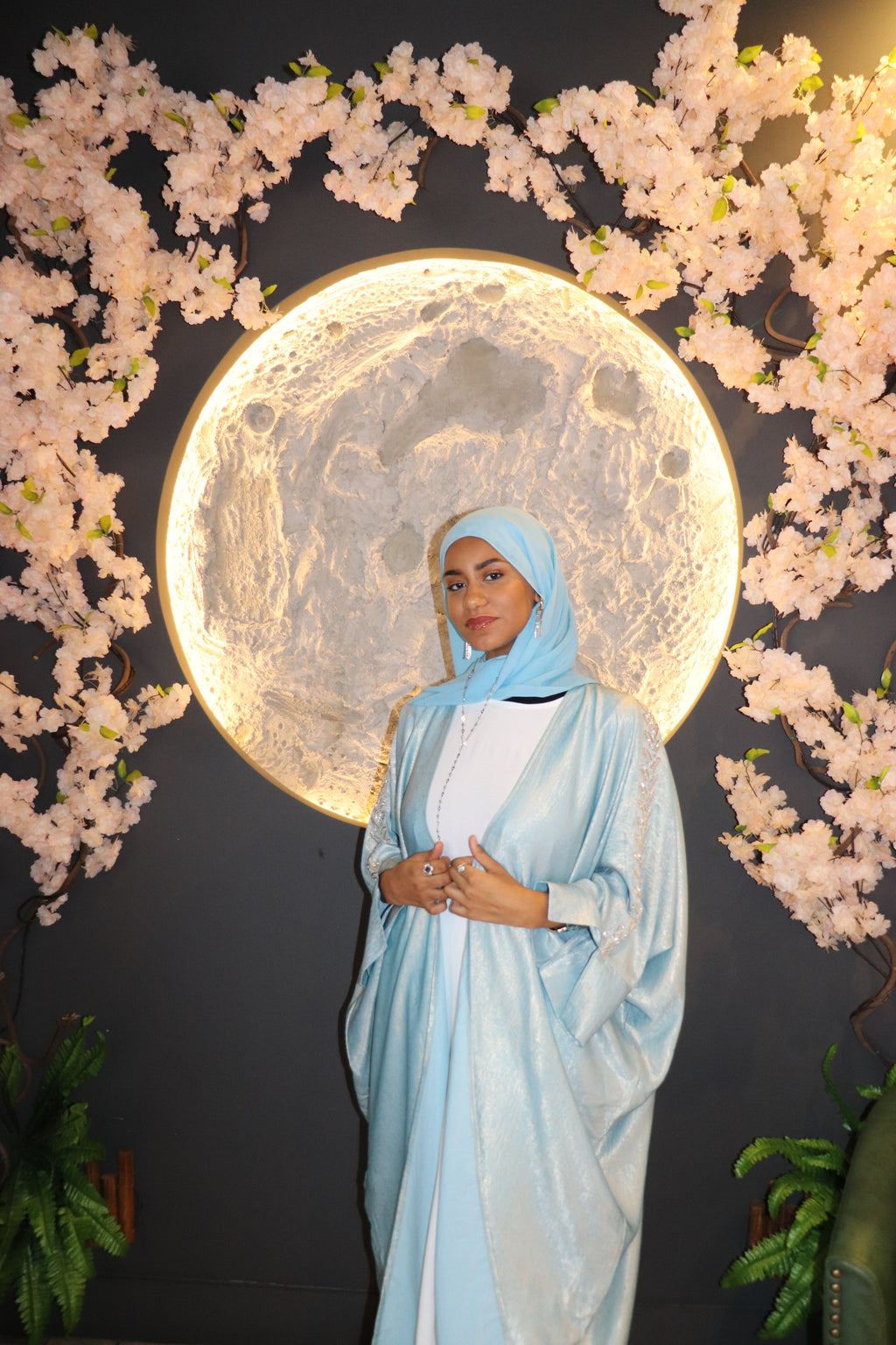 Serene Sky Blue & White Abaya Ensemble