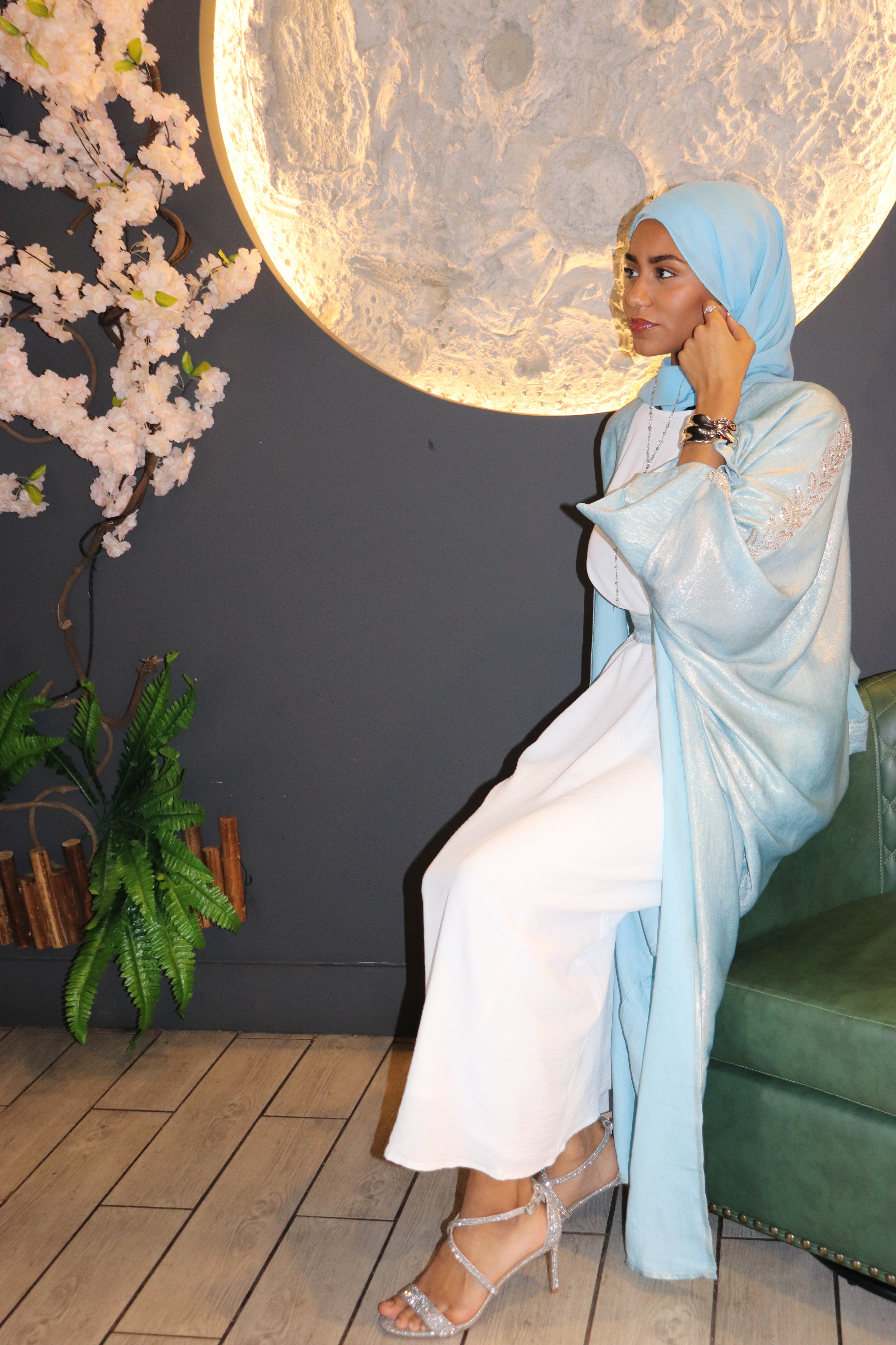 Serene Sky Blue & White Abaya Ensemble
