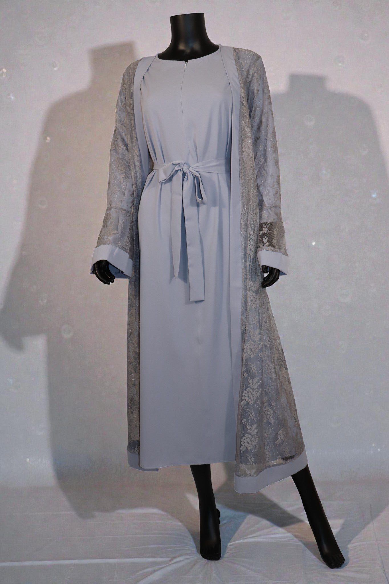 Modest Glamour Satin & Mesh Lace Kimono Set