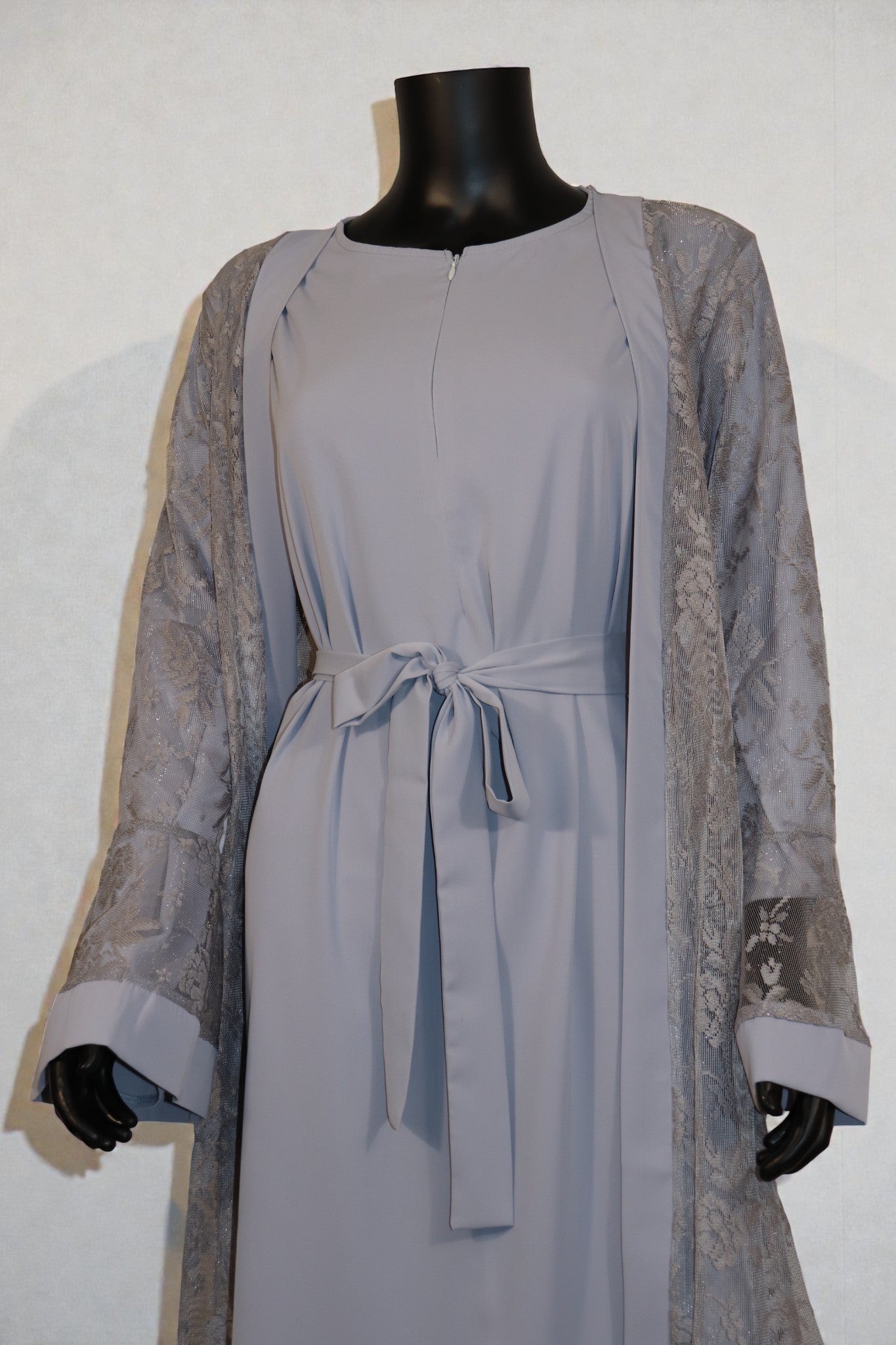 Modest Glamour Satin & Mesh Lace Kimono Set