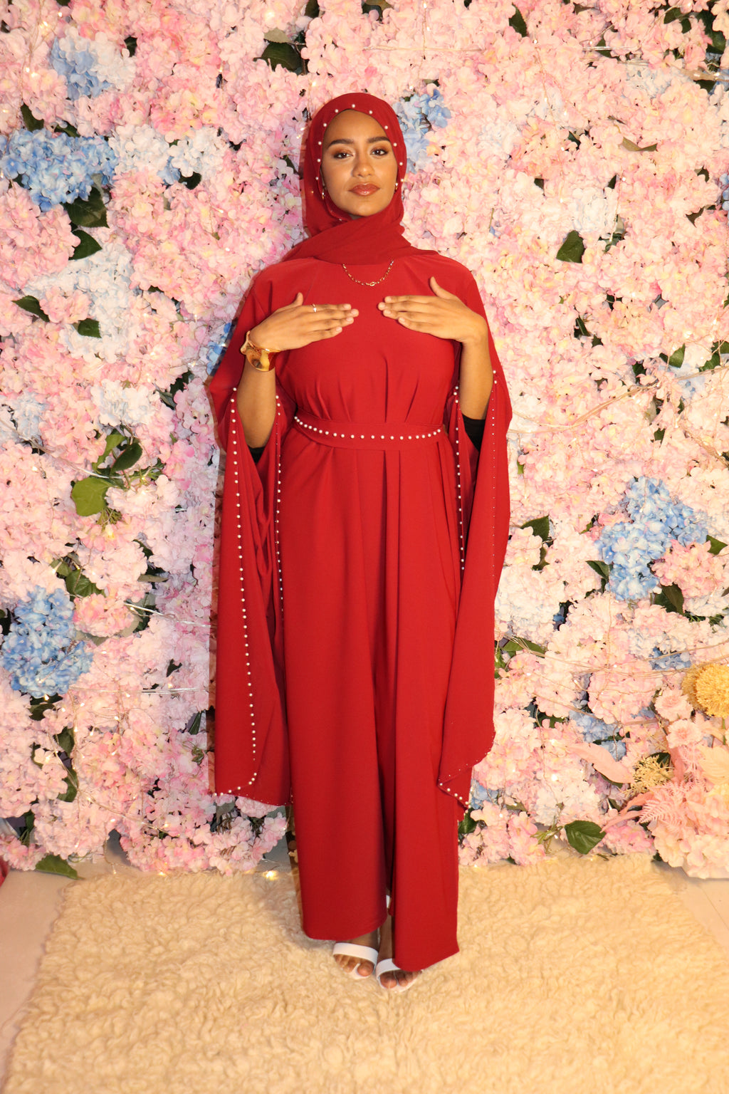 Pearl-Accented Flutter Sleeve dress