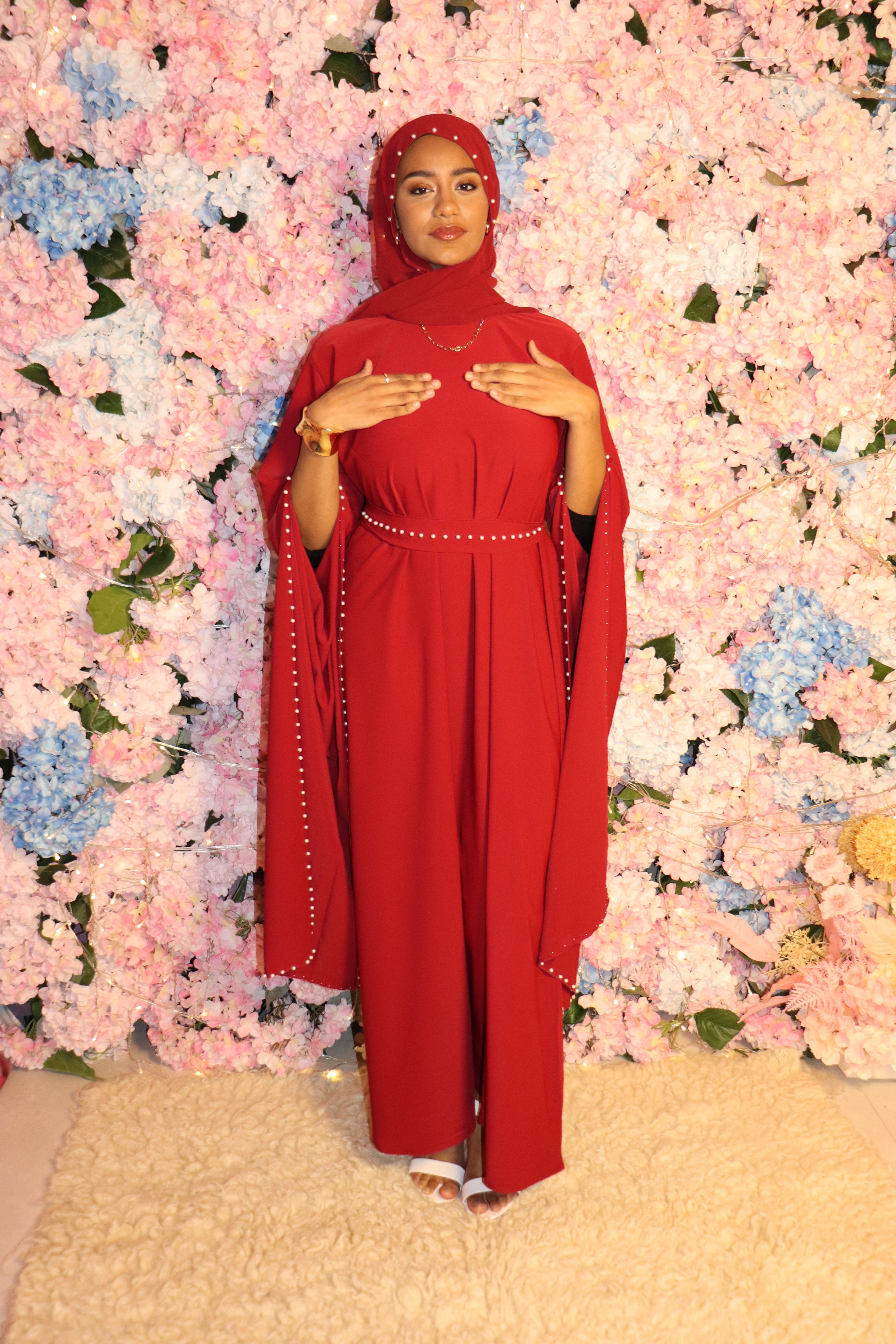 Pearl-Accented Flutter Sleeve dress