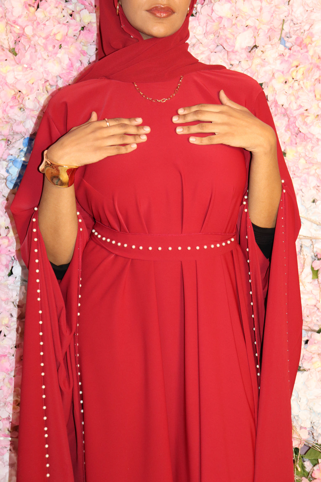 Pearl-Accented Flutter Sleeve dress