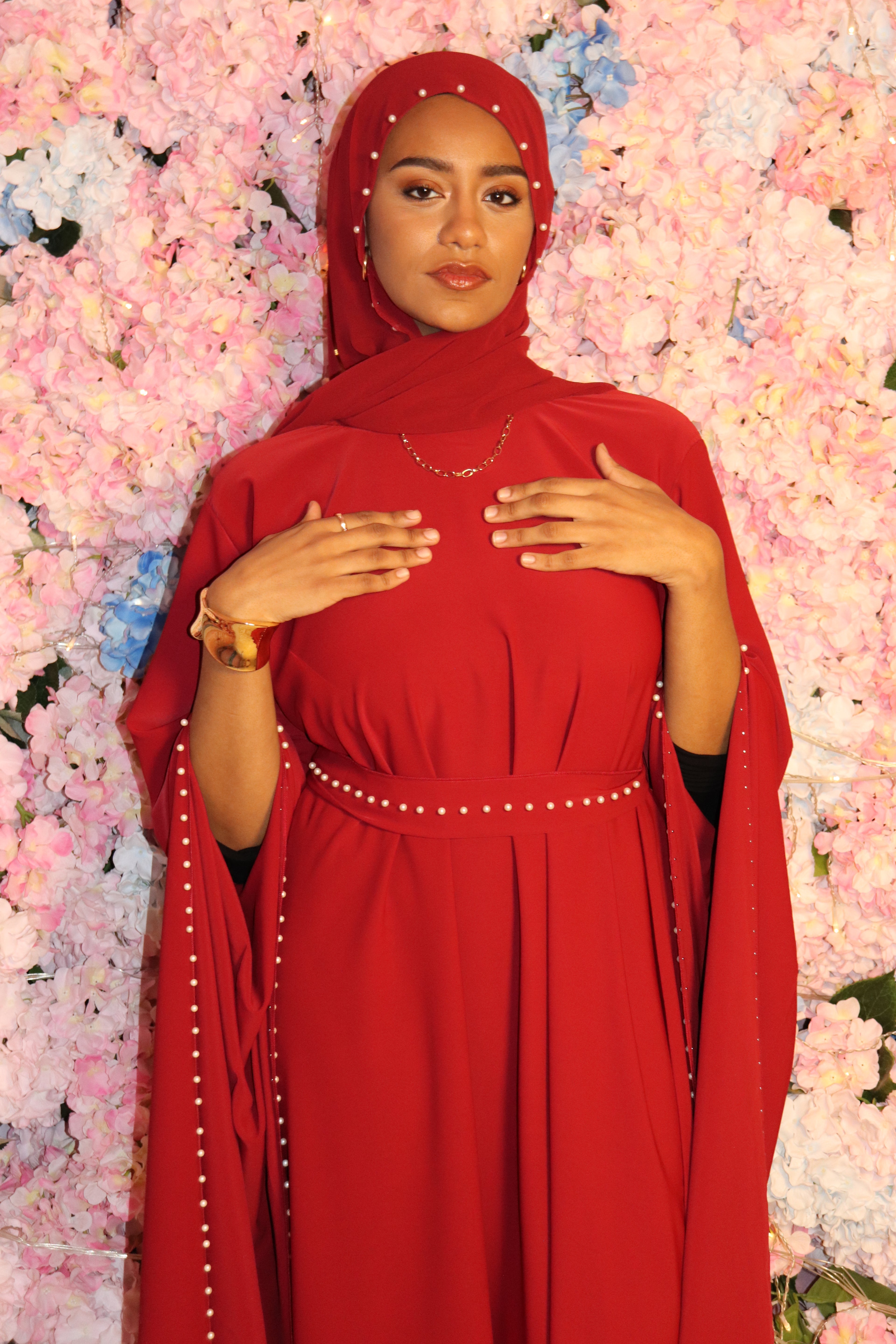 Pearl-Accented Flutter Sleeve dress