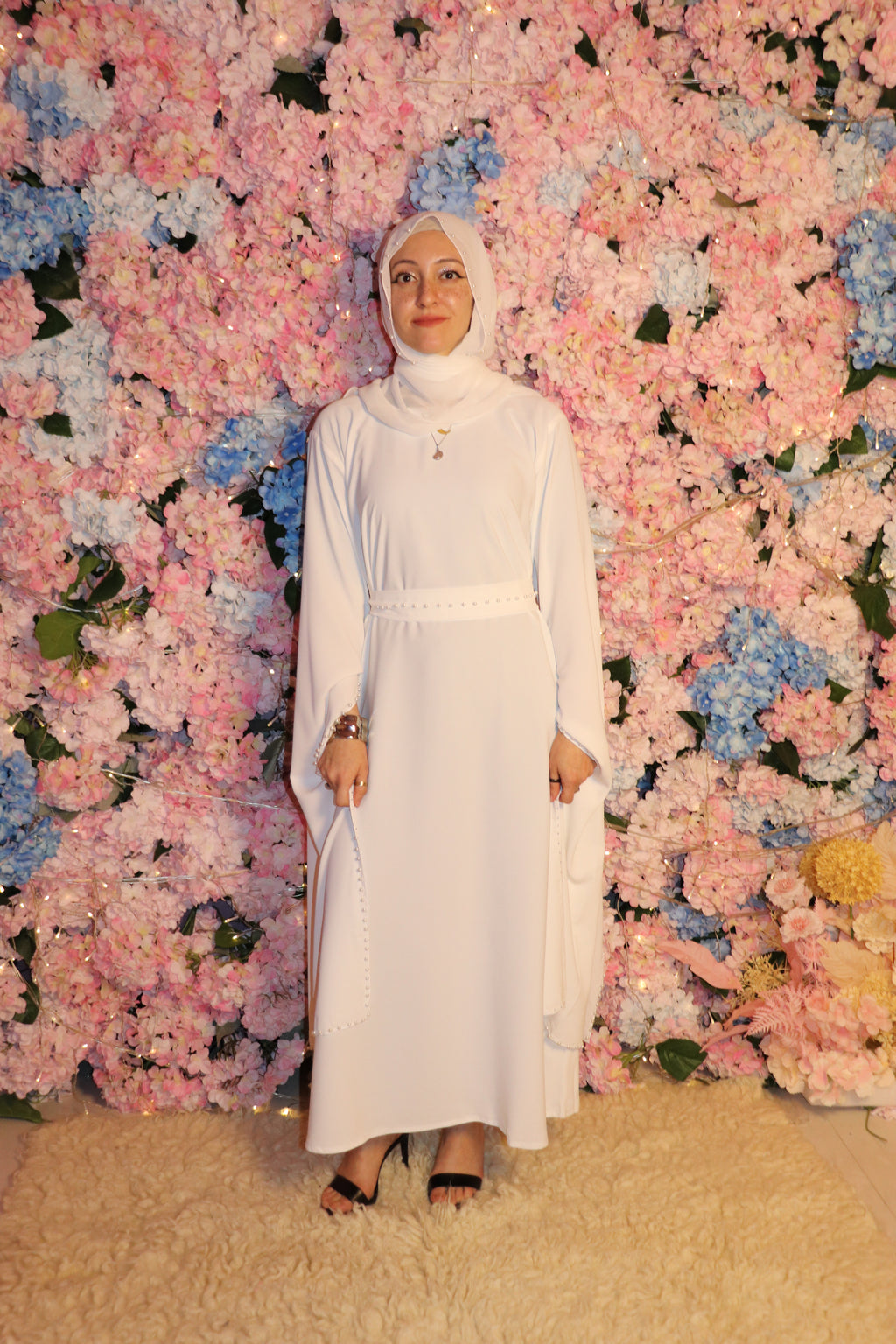 Pearl-Accented Flutter Sleeve dress