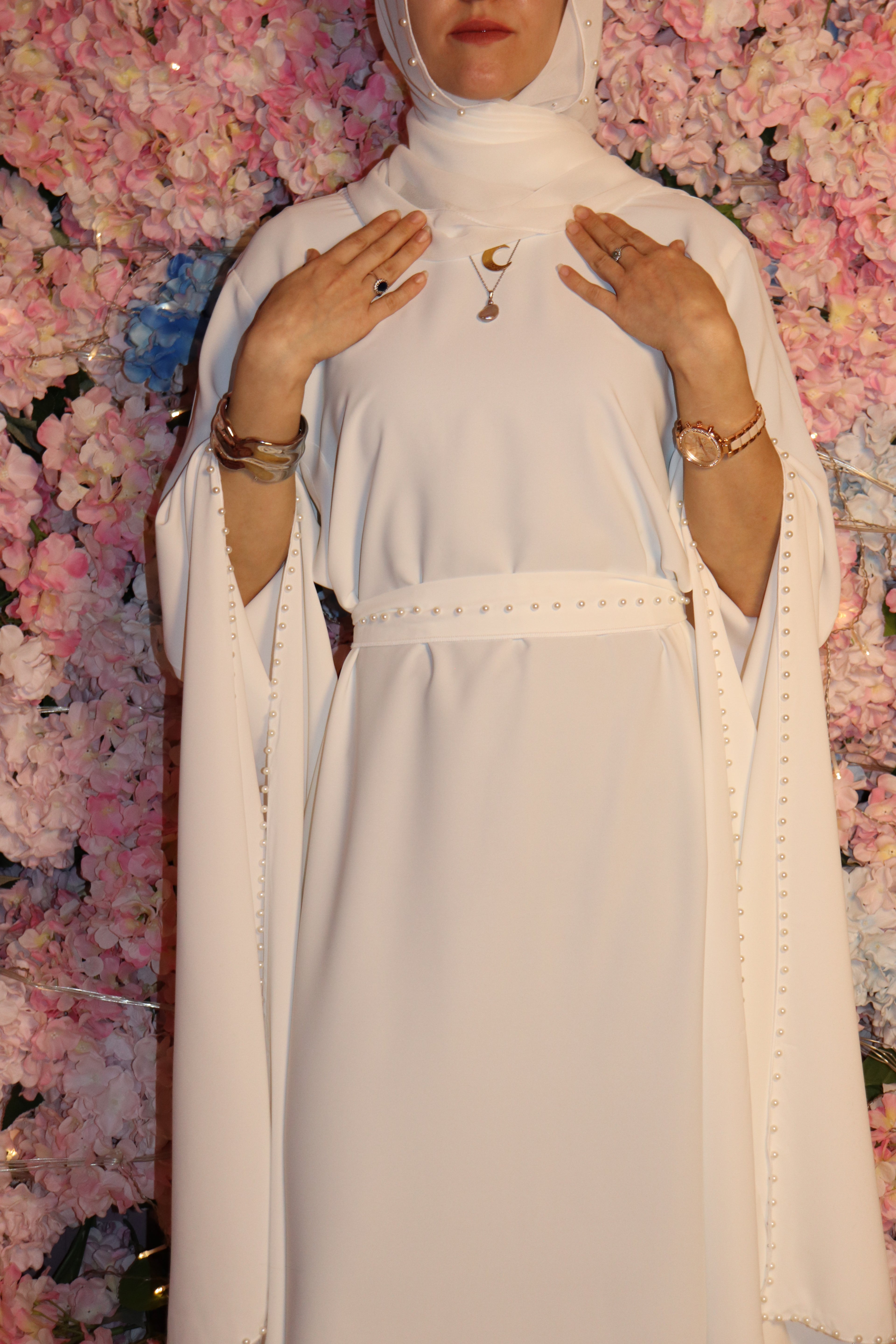 Pearl-Accented Flutter Sleeve dress