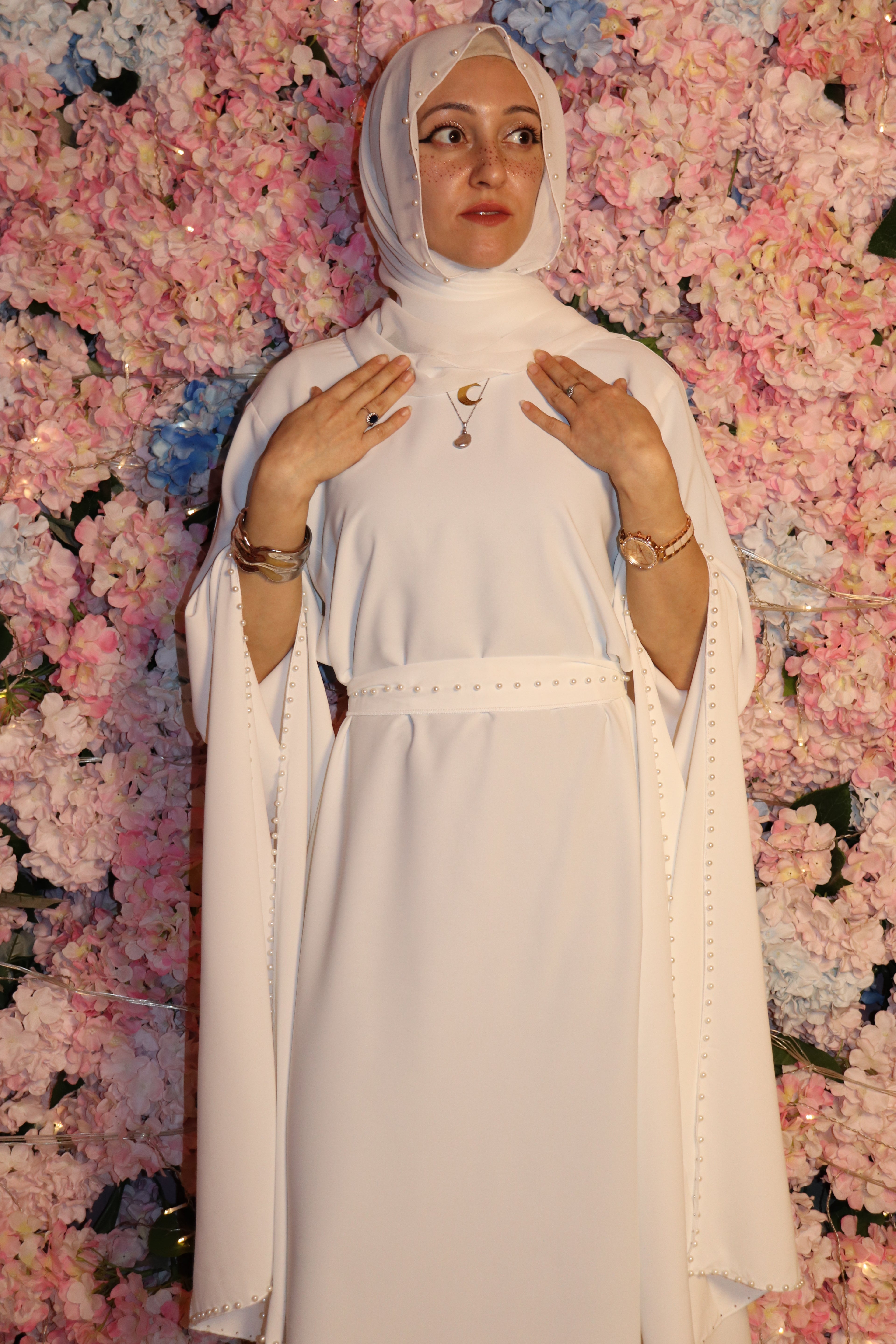Pearl-Accented Flutter Sleeve dress