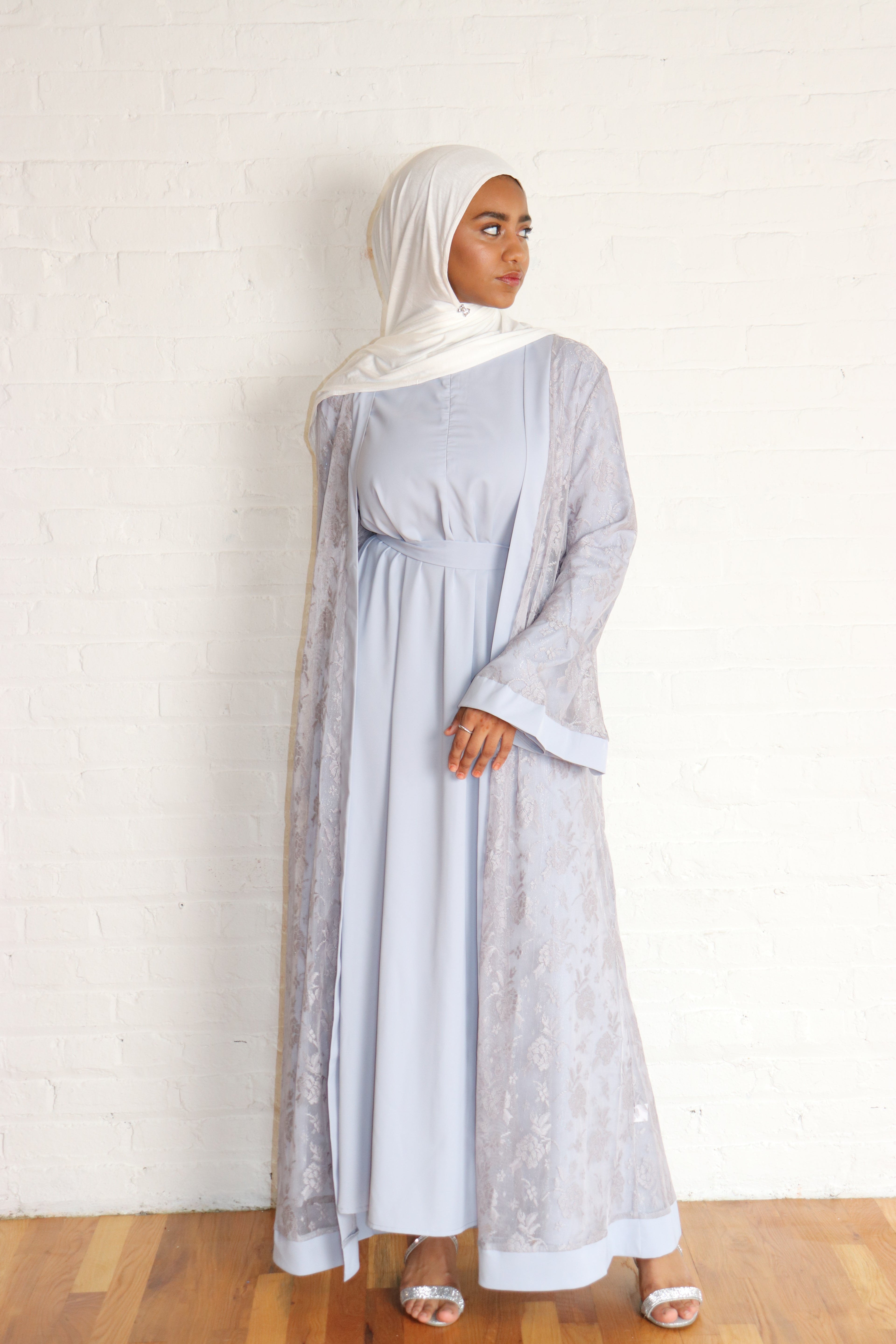 Modest Glamour Satin & Mesh Lace Kimono Set