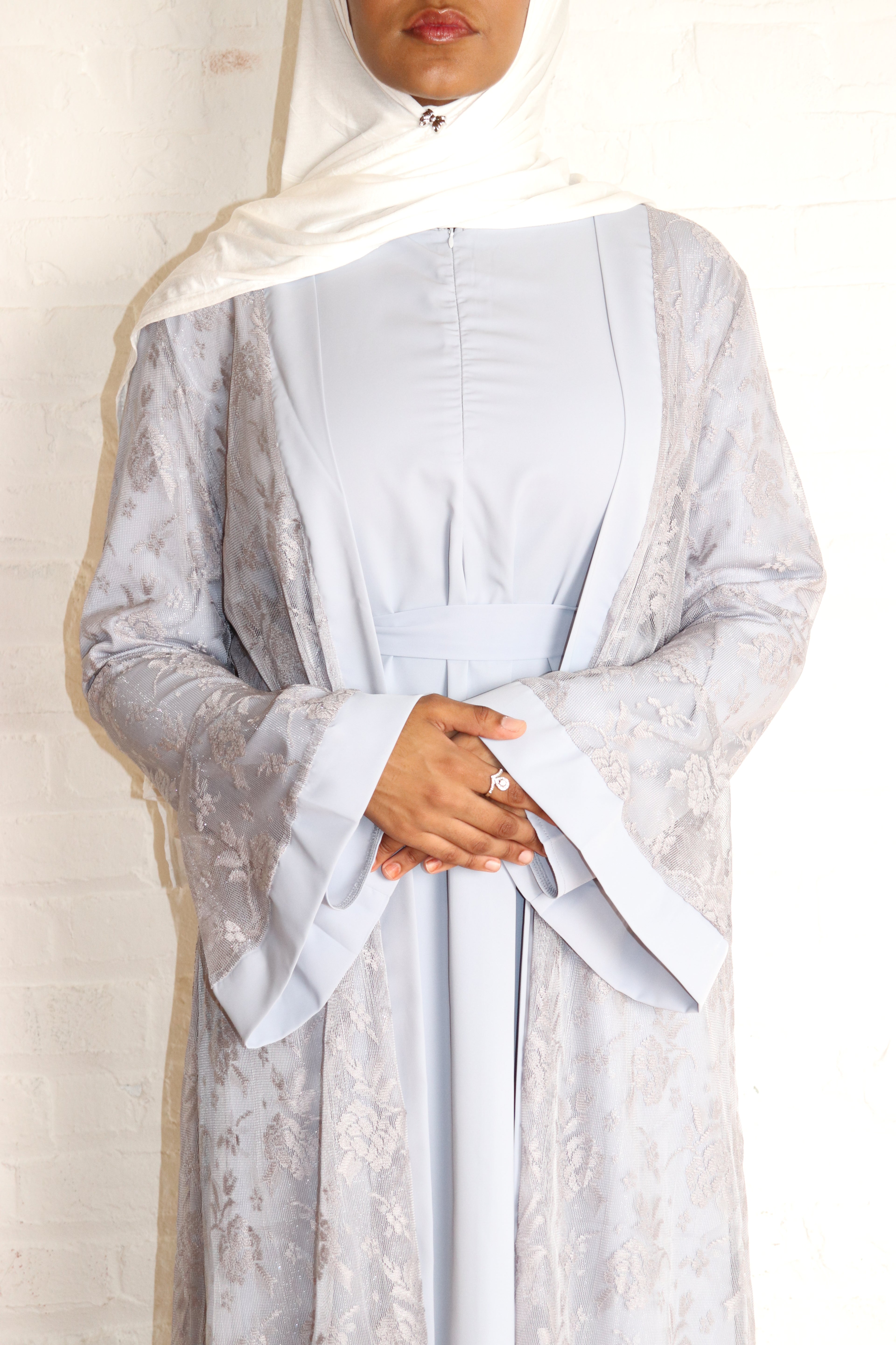 Modest Glamour Satin & Mesh Lace Kimono Set